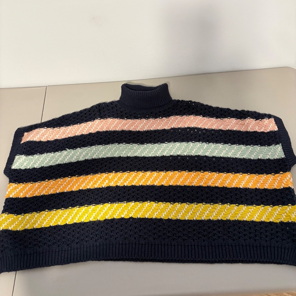 Anthropologie Navy Striped Knit Turtleneck Sweater One Size Oversized Chunky